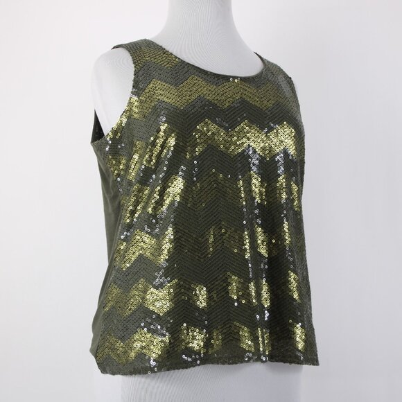 Coldwater Creek Top $75 Sz 1x Green Olive Sequin Chevron Poly Cotton Top - Picture 6 of 16